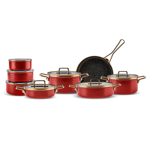 Karaca Kristal 16-Piece Enamel Induction Cookware Set, Red Gold