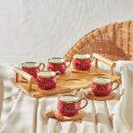 Karaca  12-Piece Bone China Espresso Turkish Coffee Cup Set with Bamboo Tray for 6 People, 90ml, Red Multi