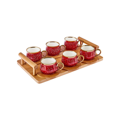 Karaca  12-Piece Bone China Espresso Turkish Coffee Cup Set with Bamboo Tray for 6 People, 90ml, Red Multi