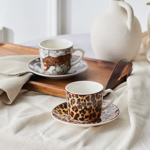 Karaca Tiger 4-Piece Porcelain Espresso Turkish Coffee Cup Set for 2 People, 80ml, White Multi