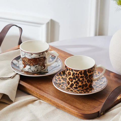 Karaca Tiger 4-Piece Porcelain Espresso Turkish Coffee Cup Set for 2 People, 80ml, White Multi