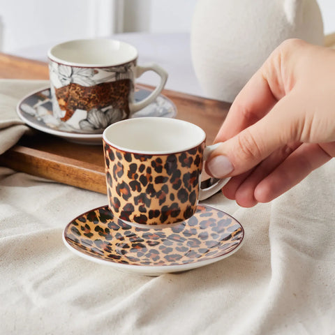 Karaca Tiger 4-Piece Porcelain Espresso Turkish Coffee Cup Set for 2 People, 80ml, White Multi