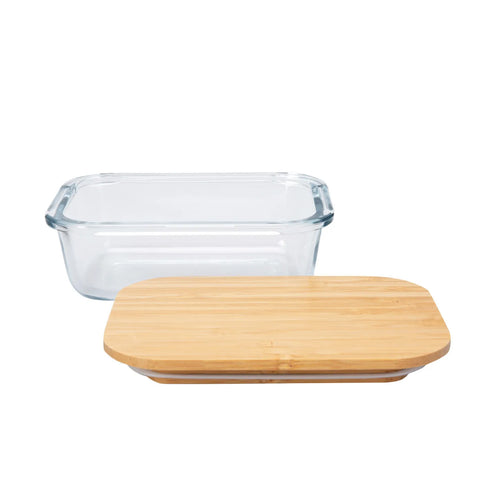 Karaca Karya Glass Rectangle Storage Container, 370ml, Wood Transparent