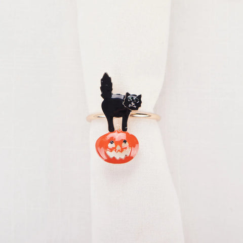 Karaca Halloween Pumpkin with Cat Napkin Ring Set, 2 Piece, 6.5cm, Black Orange