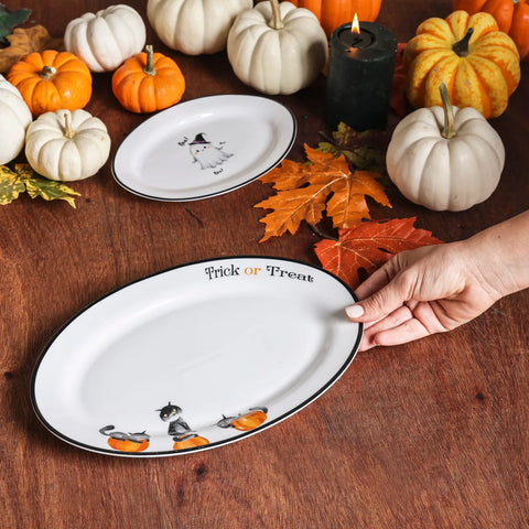 Karaca Halloween Cat Pumpkin Porcelain Serving Platter, 30cm, White Multi