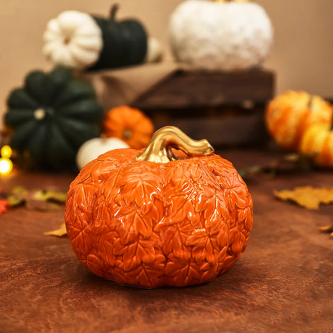 Karaca Halloween Pumpkin Ceramic Decorative Trinket, 17cm, Orange Gold