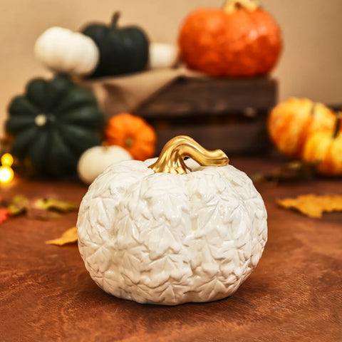 Karaca Halloween Pumpkin Ceramic Decorative Trinket, 17cm, White Gold