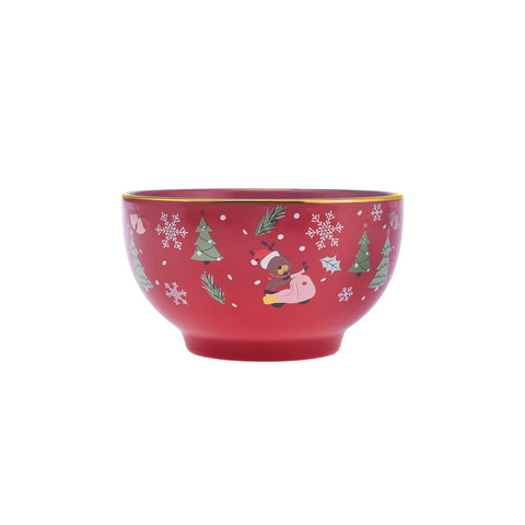 Karaca New Year Christmas New Generation Bone Golden Line Noodle Bowl, 14cm, Red Multi