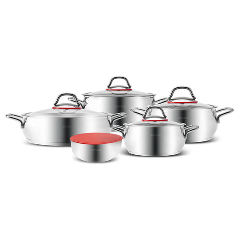 Karaca Emirgan XL 10-Piece Stainless Steel Induction Cookware Set with Storage Container, Silver Red