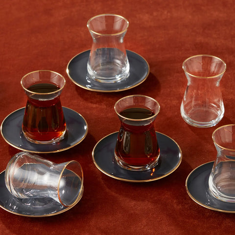 Karaca Retro 12-Piece Glass Turkish Tea Set for 6 People, 132ml, Anthracite Gold