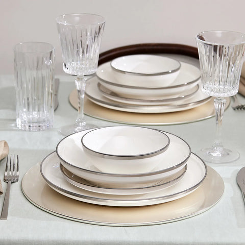 Karaca Eclipse 57-Piece Bone China Dinner Set for 12 People, White Platinum