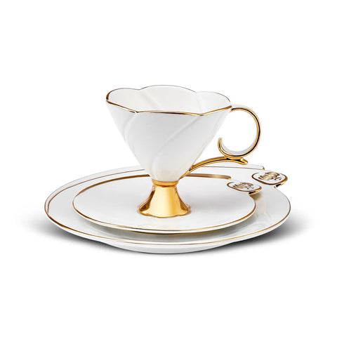 Karaca 100th Anniversary of the Turkish Republic İlke 3-Piece Porcelain Tea Cup and Saucer with Side Plate, 200ml, White Gold