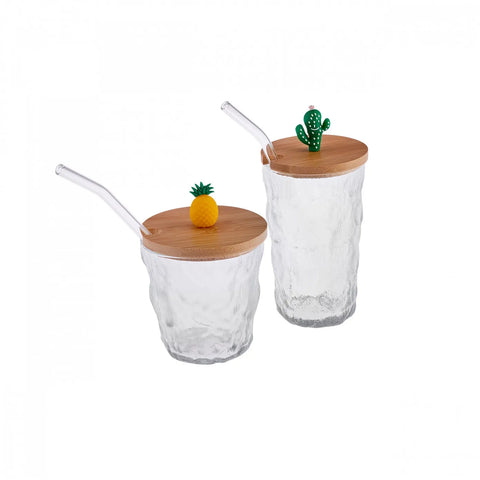 Karaca Glacier 2 Piece Glass Set with Straws, Transparent Multi