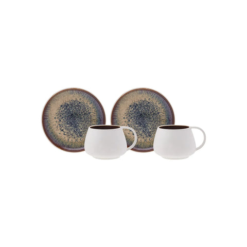 Karaca New Galactic 4-Piece StonewareTea Cup and Saucer Set for 2 People, 150ml, White