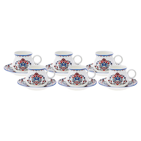 Karaca Hattat 12-Piece Porcelain Espresso Turkish Coffee Cup Set for 6 People, 90ml, White Multi