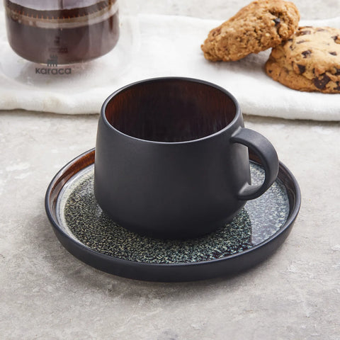 Karaca Galactic Reactive Glaze Tea Cup and Saucer, 300ml, Black Multi