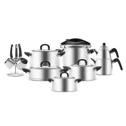 Karaca Tokyo PowerSteel 17-Piece 316+ Stainless Steel Induction Cookware Set with Teapot and Coffee Pots, Silver Black