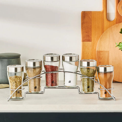 Karaca Danica 6 Piece Glass Spice Rack Set with Stand, 100ml, Silver