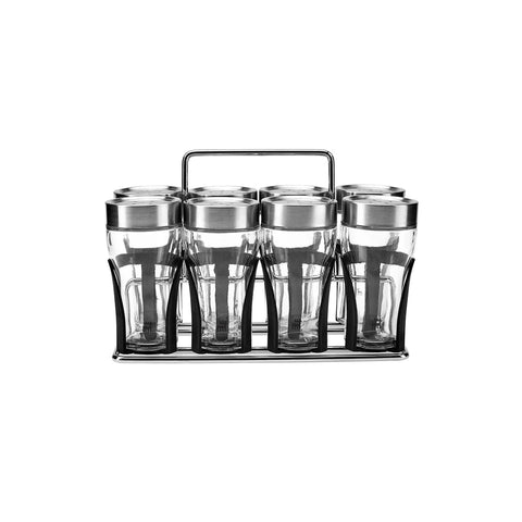 Karaca Danica 8 Piece Glass Rectangle Spice Rack Set with Stand, 120ml, Silver