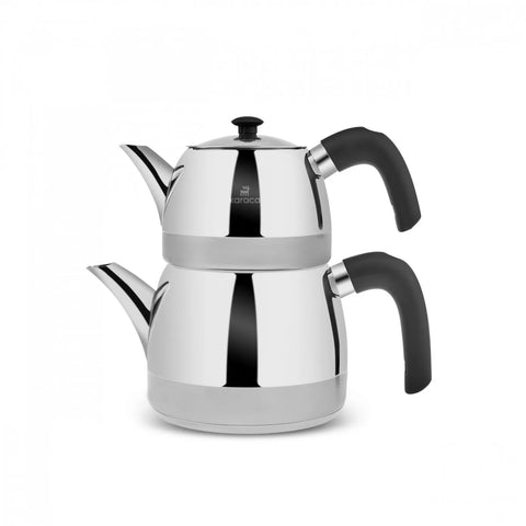 Karaca New Galya Satin Stainless Steel Induction Teapot Set, Silver Black