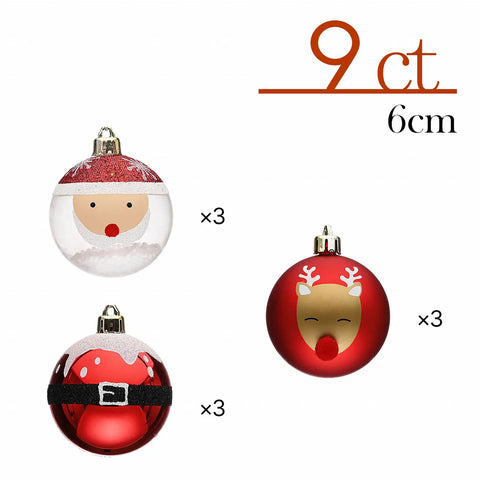 Karaca New Year Christmas Santa Tree Bauble Set, 9 Piece, 6cm, Red Multi