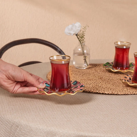 Karaca Leona 12 Piece Glass Turkish Tea Set for 6 People, 150ml, Multi