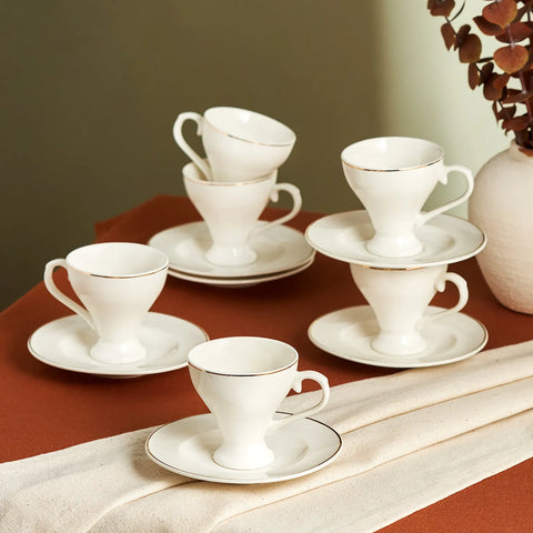 Karaca Biga 12-Piece Porcelain Espresso Turkish Coffee Cup Set for 6 People, 90ml, White Gold