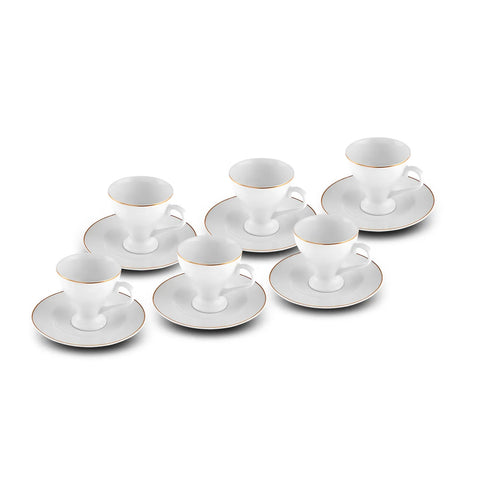 Karaca Biga 12-Piece Porcelain Espresso Turkish Coffee Cup Set for 6 People, 90ml, White Gold