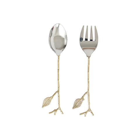 Karaca Leaf 2-Piece Stainless Steel Serving Fork and Serving Spoon, 29cm, Gold