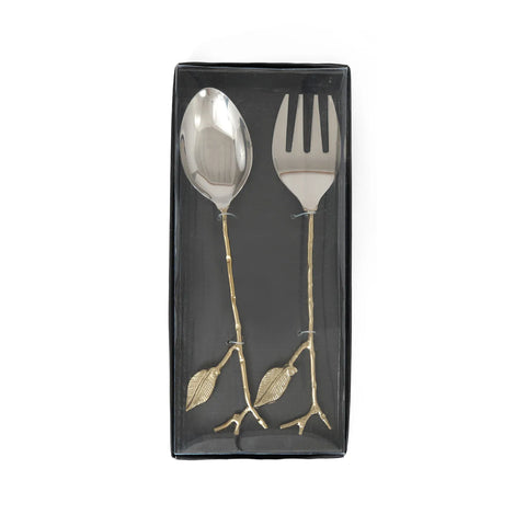 Karaca Leaf 2-Piece Stainless Steel Serving Fork and Serving Spoon, 29cm, Gold