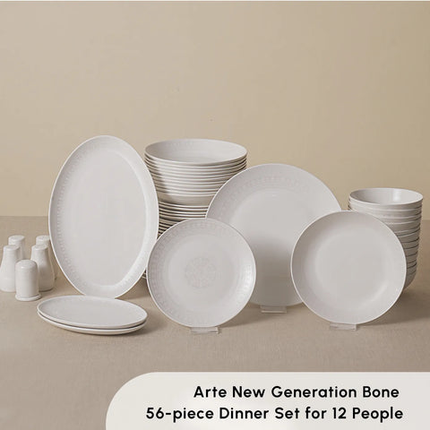 Karaca Arte 56-Piece Bone China Dinner Set for 12 People, White