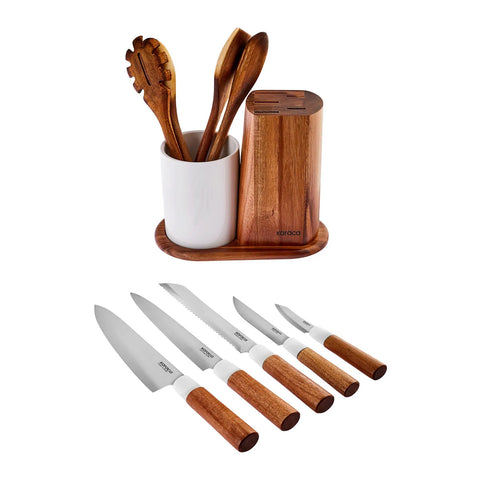 Karaca Pure Knife Block Set and Kitchen Utensil Set, 11 Piece, Wood White