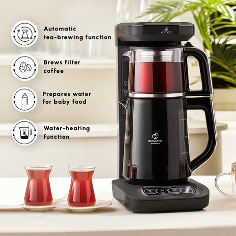 Karaca Caysever Robotea Pro 4 in 1 Talking Automatic Tea Maker Kettle and Filter Coffee Maker, 2500W, Black Chrome