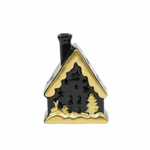 Karaca Home New Year Christmas Ceramic Lighting House Trinket, 12cm, Black Gold