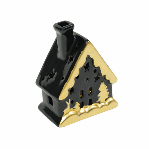 Karaca Home New Year Christmas Ceramic Lighting House Trinket, 12cm, Black Gold