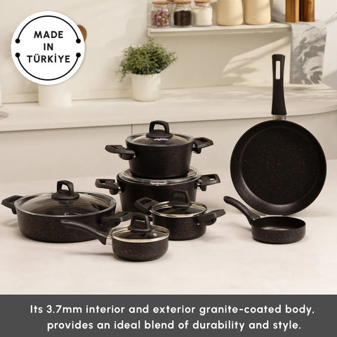 Karaca Blackgold Biogranite 12-Piece Non-Stick Cookware Set, Black Gold