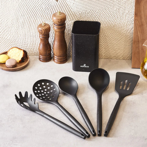 Karaca Misto 6 Piece Kitchen Utensil Set with Block, Black