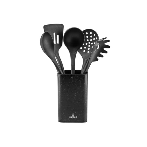 Karaca Misto 6 Piece Kitchen Utensil Set with Block, Black