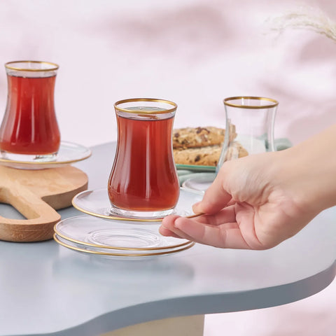 Karaca Kirke 12 Piece Glass Turkish Tea Set for 6 People, 110ml, Gold Transparent