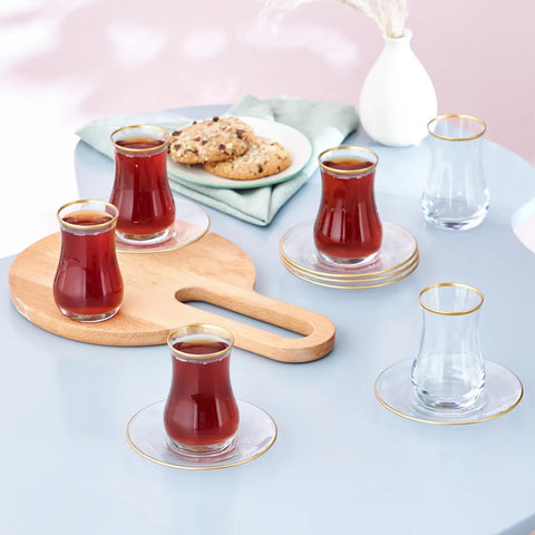 Karaca Kirke 12 Piece Glass Turkish Tea Set for 6 People, 110ml, Gold Transparent