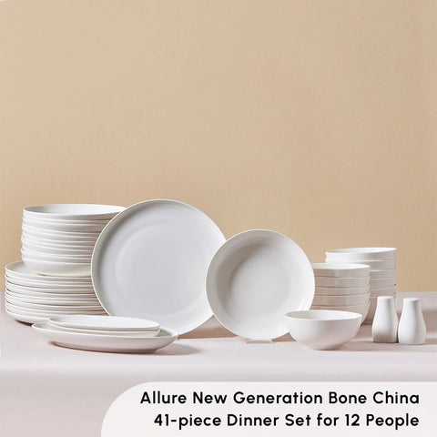 Karaca Allure 41-Piece Bone China Dinner Set for 12 People, White