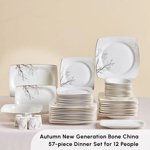 Karaca Autumn 57-Piece Bone China Dinner Set for 12 People, White Multi