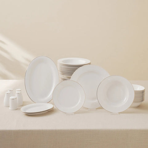 Karaca Lexi 56-Piece Bone China Dinner Set for 12 People, White Gold