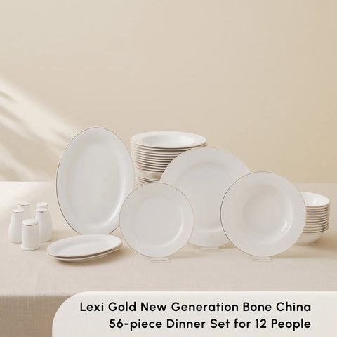 Karaca Lexi 56-Piece Bone China Dinner Set for 12 People, White Gold