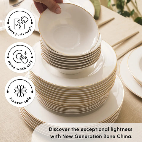 Karaca Lexi 56-Piece Bone China Dinner Set for 12 People, White Gold