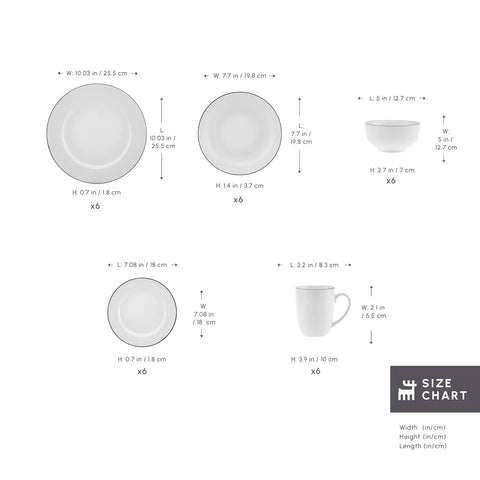 Karaca Lea 30-Piece New Generation Bone China Dinner Set for 6 People, White Black