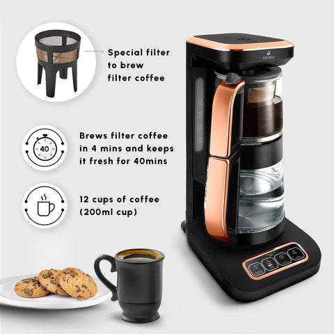 Karaca Caysever Robotea Pro 4 in 1 Talking Automatic Tea Maker Kettle and Filter Coffee Maker, 2500W, Black Copper