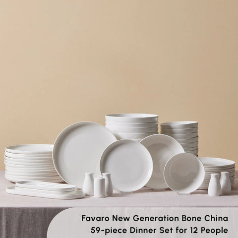 Karaca Favaro 56-Piece Bone China Dinner Set for 12 People, White