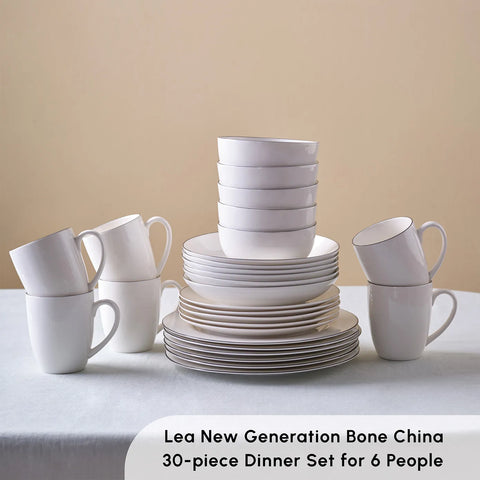 Karaca Lea 30-Piece New Generation Bone China Dinner Set for 6 People, White Black