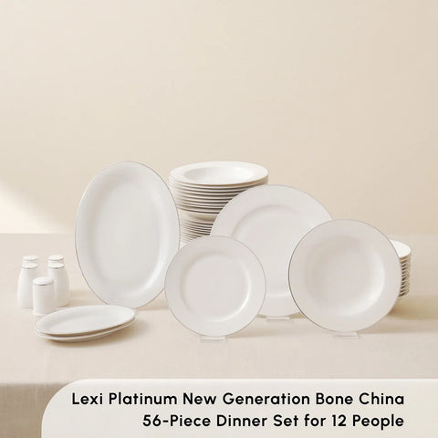 Karaca Lexi 56-Piece Bone China Dinner Set for 12 People, White Platinum